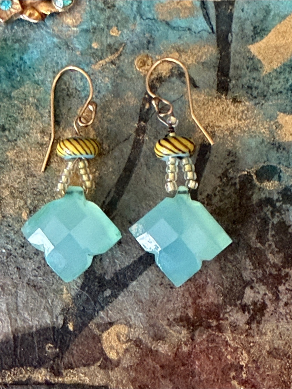 Chalcedony carved  seafoam blue green with Venetian glass beads pierced earrings - Picture 3 of 8